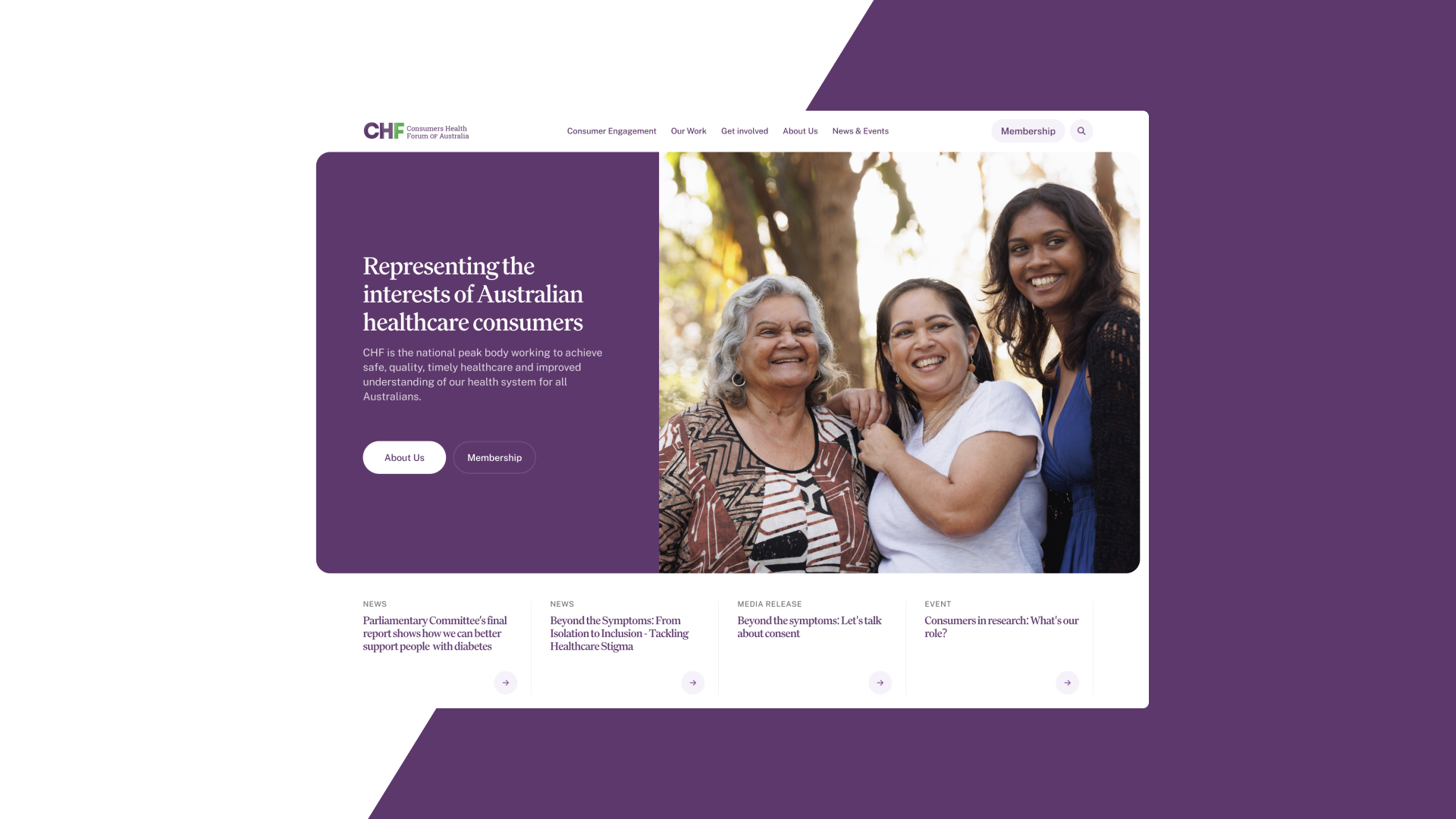 CHF homepage design featuring improved navigation structure and brand color implementation