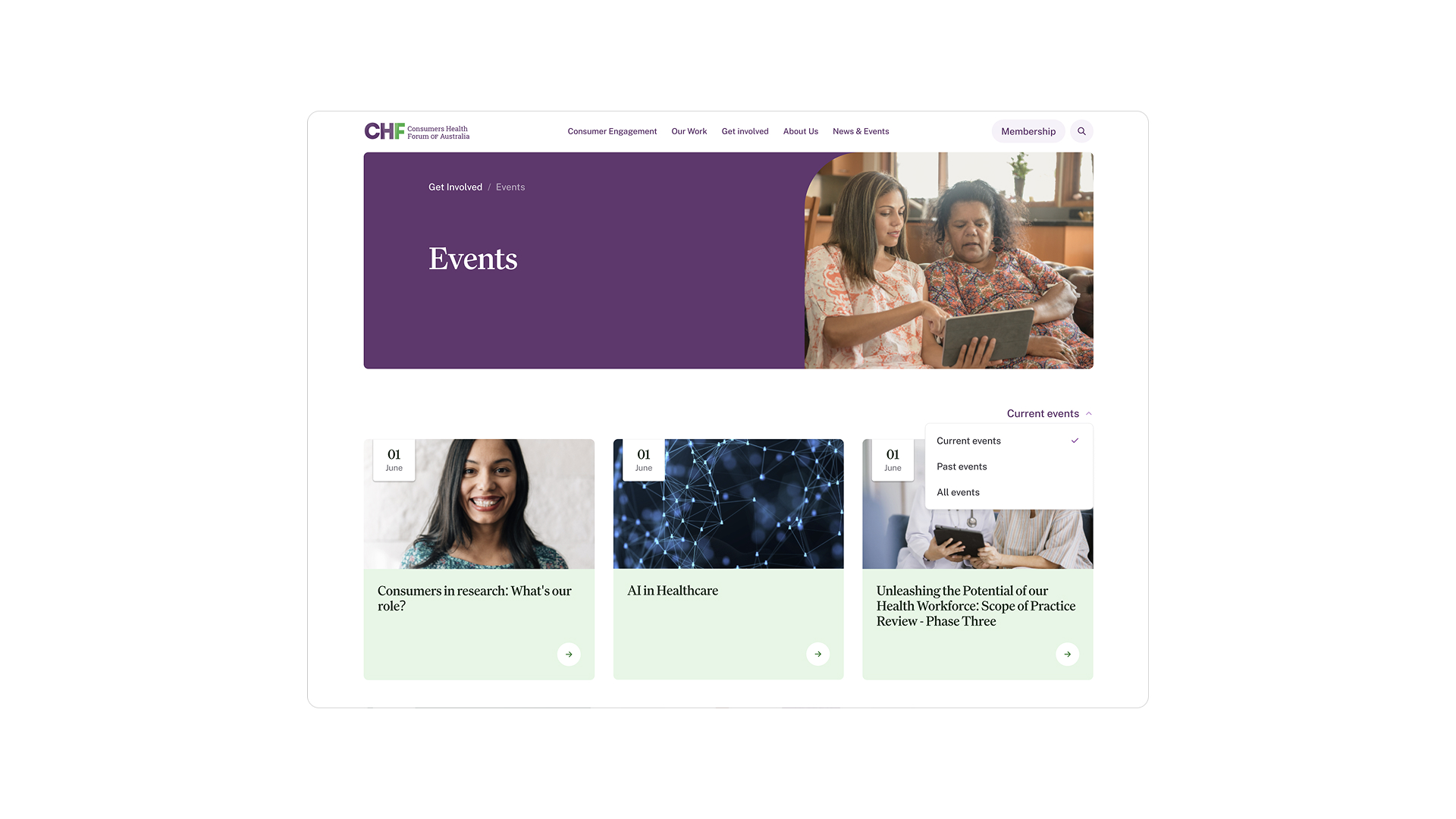 CHF content pages showcasing the new information architecture and user-friendly navigation