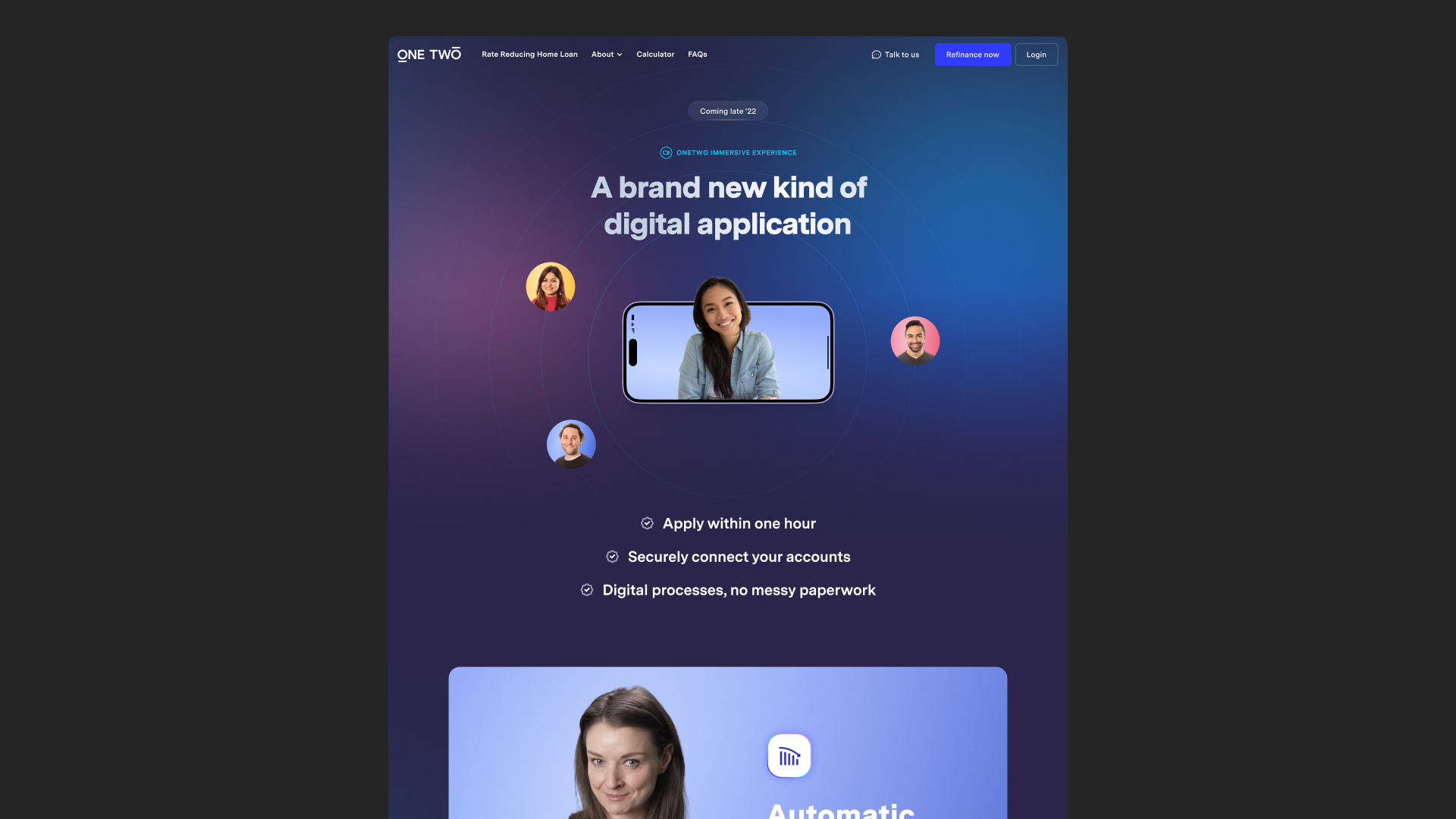 OneTwo homepage design featuring simplified product communication and transparent messaging
