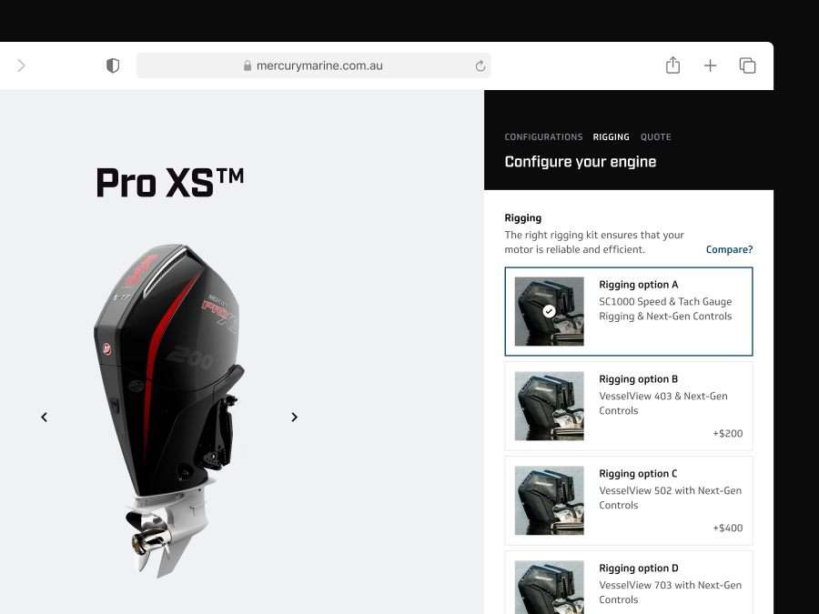 Mercury Marine Configurator project screenshot from 2024 showing user interface design